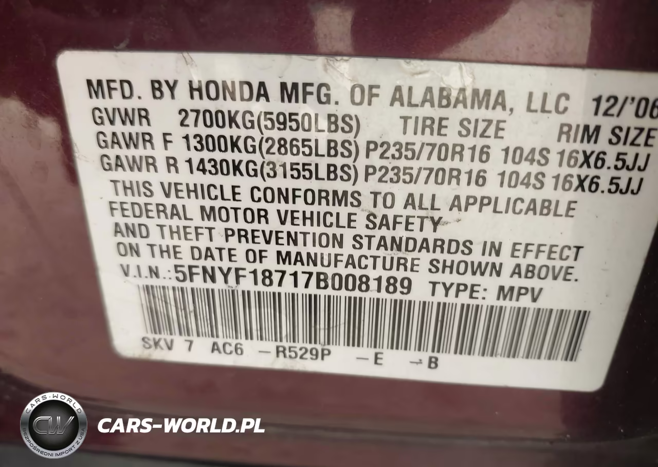2007 Honda Pilot Ex-L VIN:5FNYF18717B008189 - 9