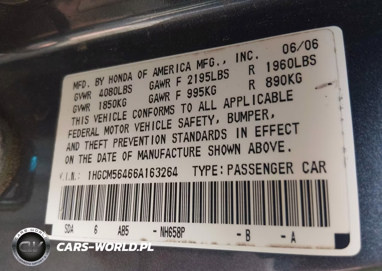 2006 Honda Accord 2.4 Lx VIN:1HGCM56466A163264 - 9
