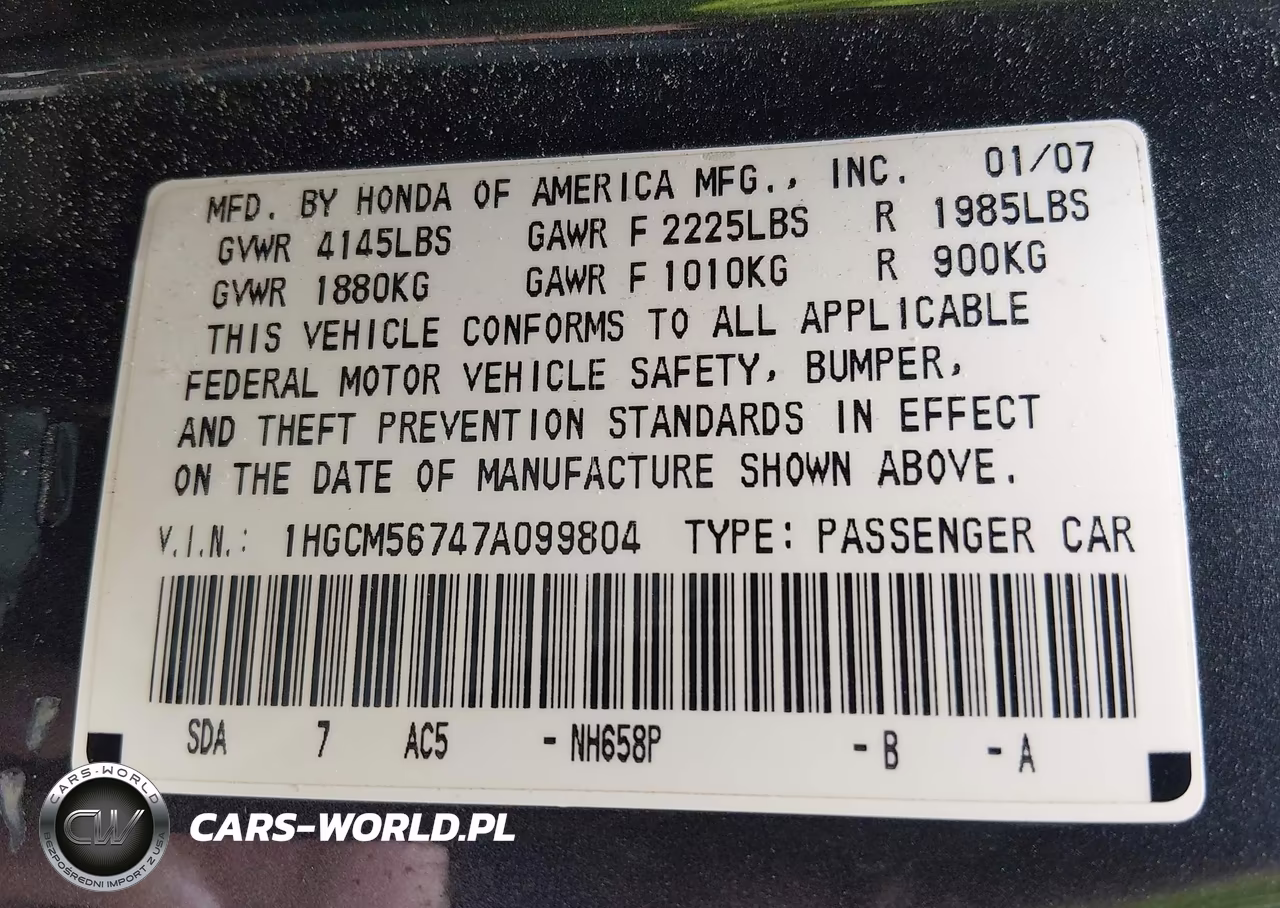 2007 Honda Accord 2.4 Ex VIN:1HGCM56747A099804 - 9