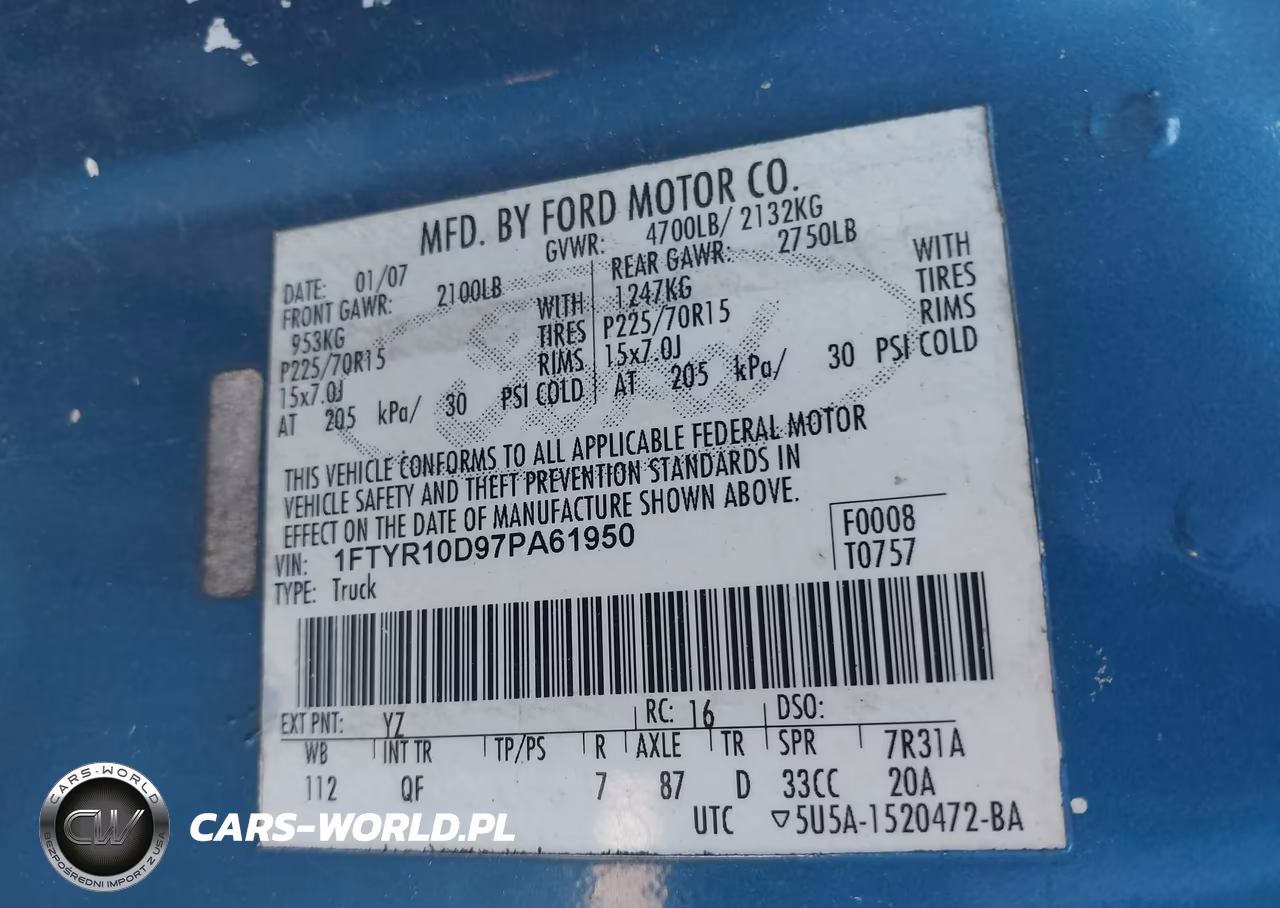 2007 Ford Ranger Stx-Xl-Xlt VIN:1FTYR10D97PA61950 - 9
