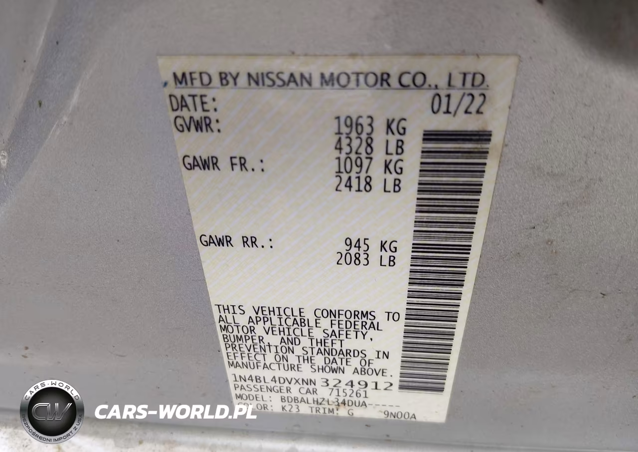 2022 Nissan Altima Sv Fwd VIN:1N4BL4DVXNN324912 - 9
