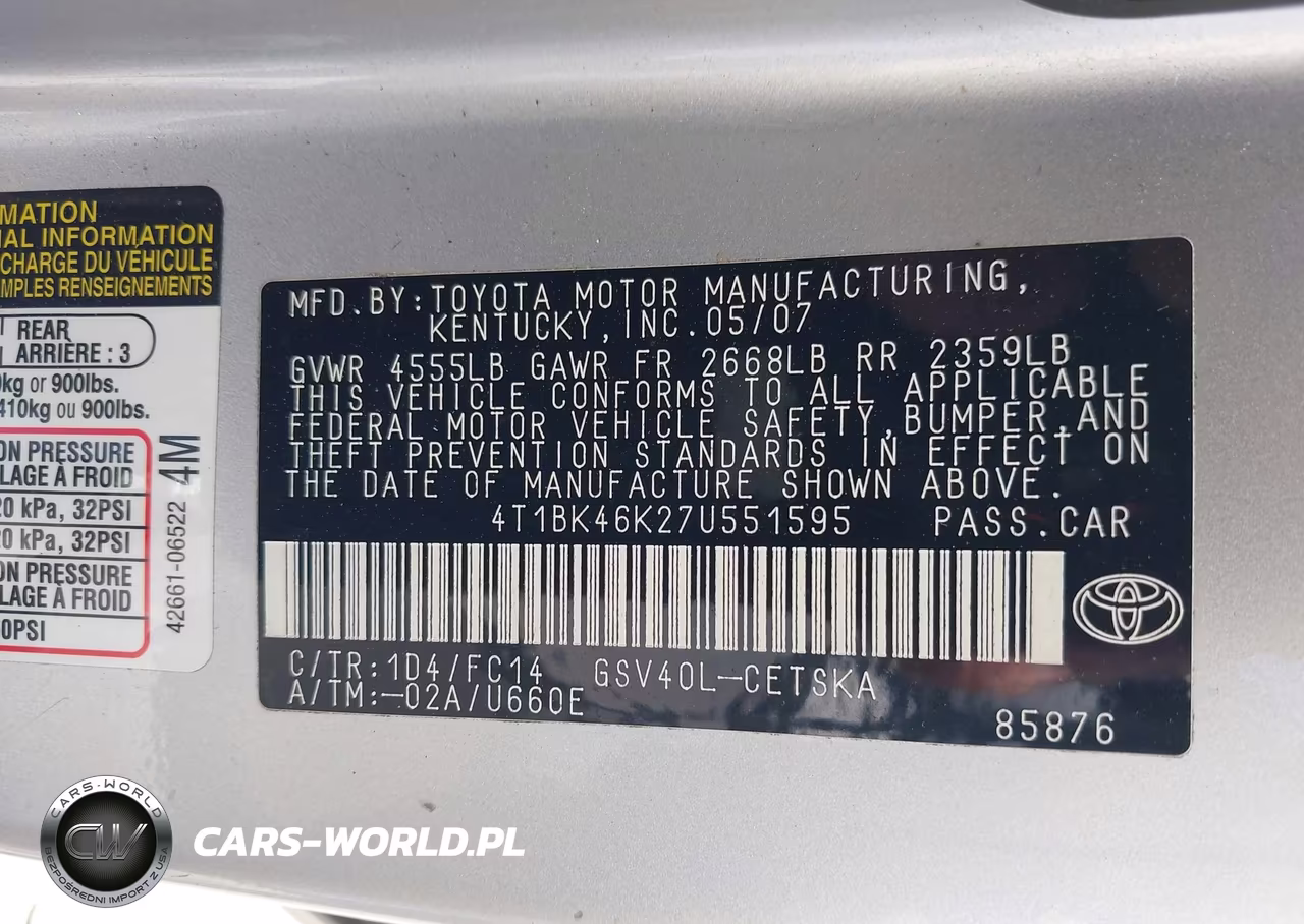 2007 Toyota Camry Se V6 VIN:4T1BK46K27U551595 - 9