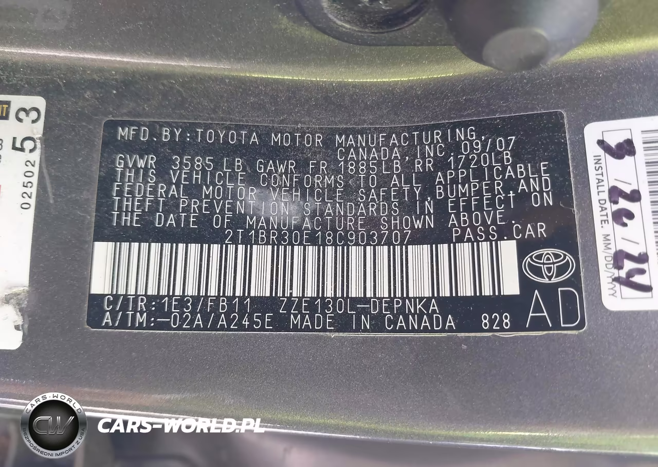 2008 Toyota Corolla Le VIN:2T1BR30E18C903707 - 9