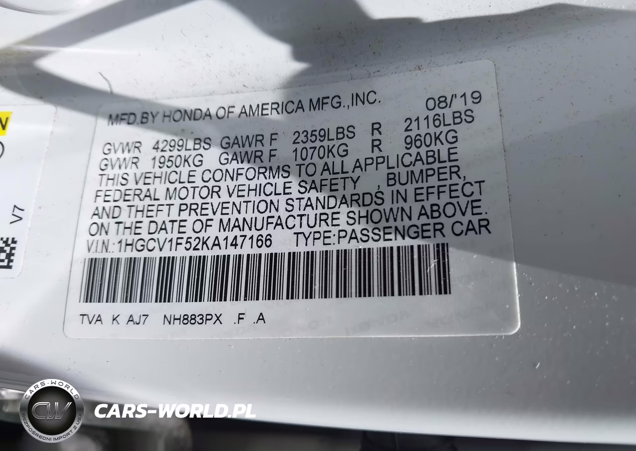 2019 Honda Accord Ex-L 1.5T VIN:1HGCV1F52KA147166 - 9