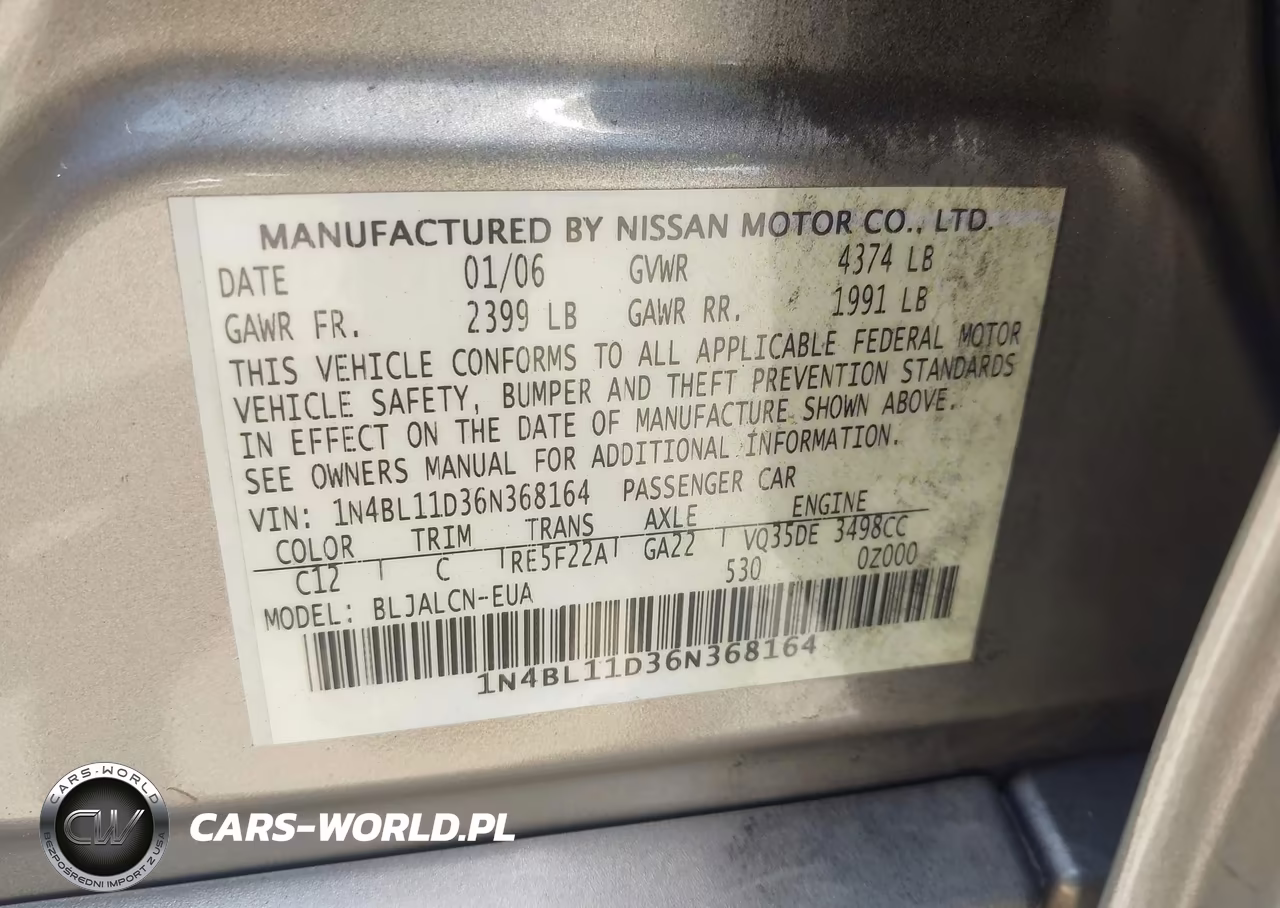 2006 Nissan Altima 3.5 Se VIN:1N4BL11D36N368164 - 9