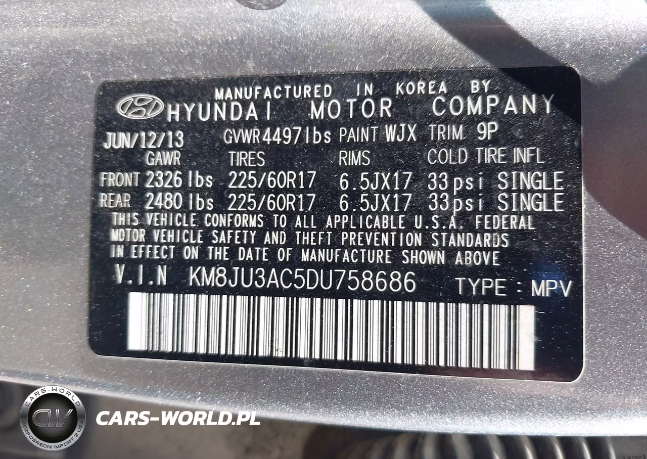 2013 Hyundai Tucson Gls VIN:KM8JU3AC5DU758686 - 9