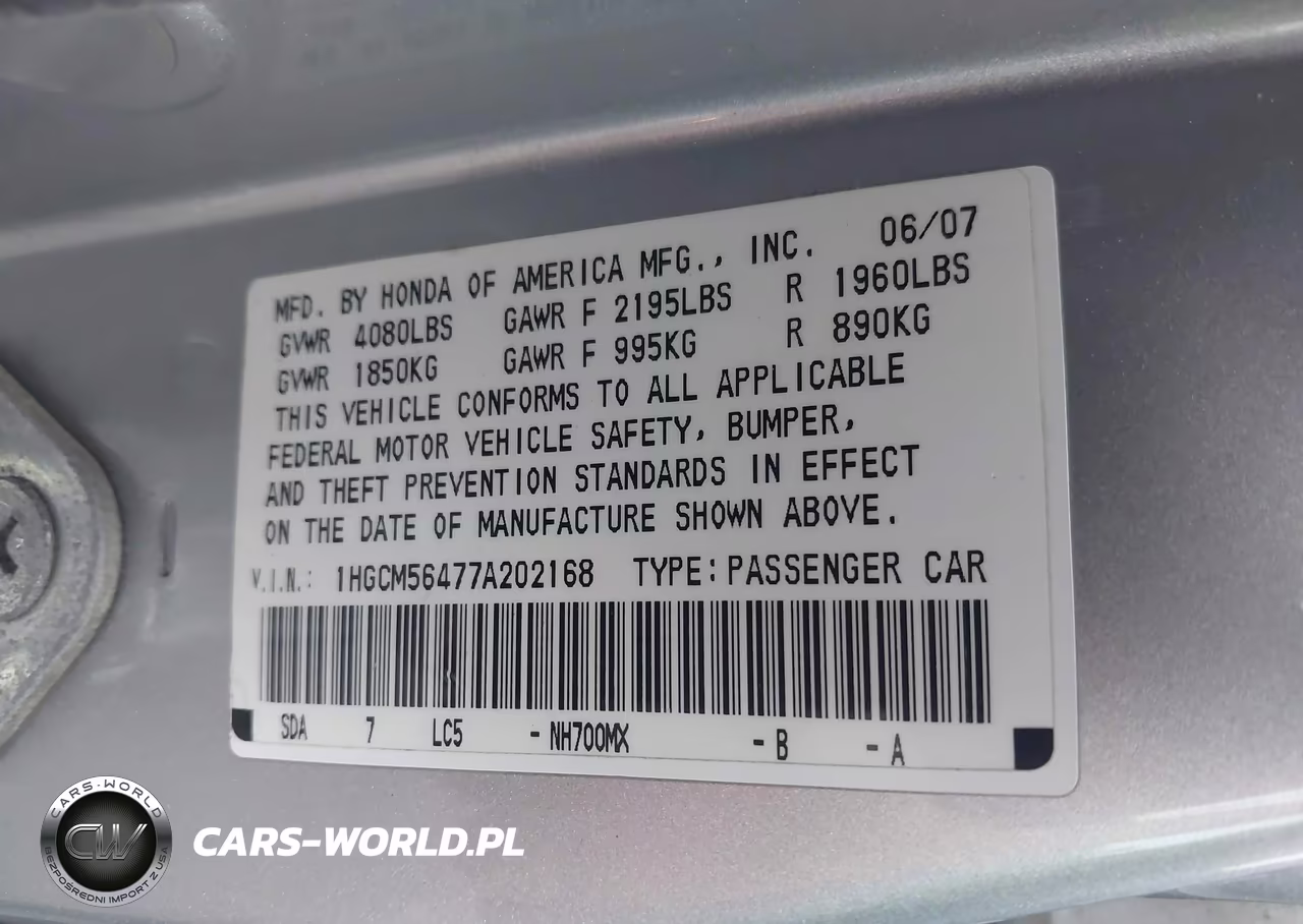 2007 Honda Accord 2.4 Lx VIN:1HGCM56477A202168 - 9