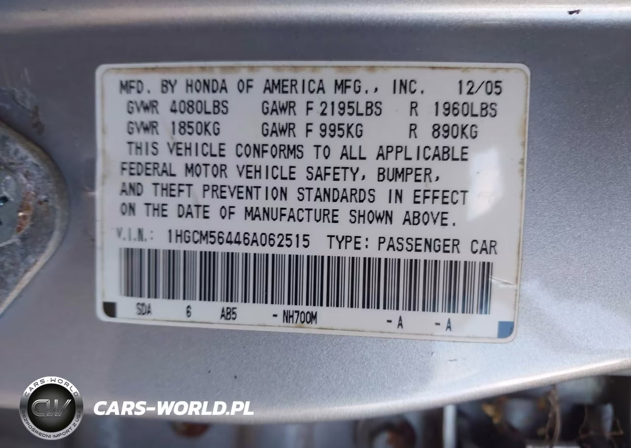 2006 Honda Accord 2.4 Lx VIN:1HGCM56446A062515 - 9