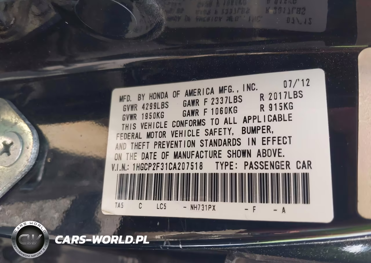 2012 Honda Accord 2.4 Lx VIN:1HGCP2F31CA207518 - 9