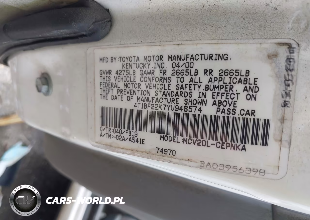 2000 Toyota Camry Le V6 VIN:4T1BF22K7YU948574 - 9
