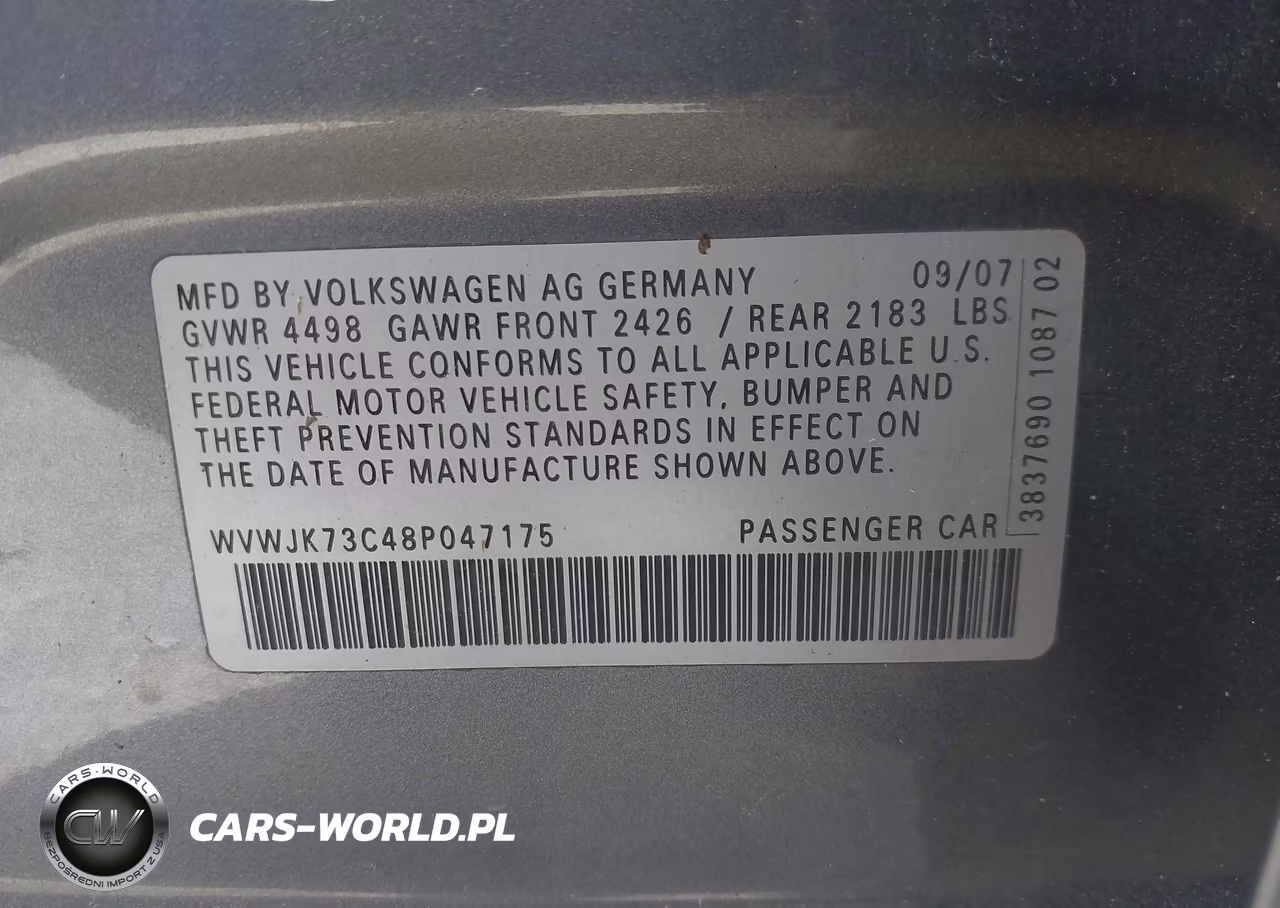 2008 Volkswagen Passat Turbo VIN:WVWJK73C48P047175 - 9