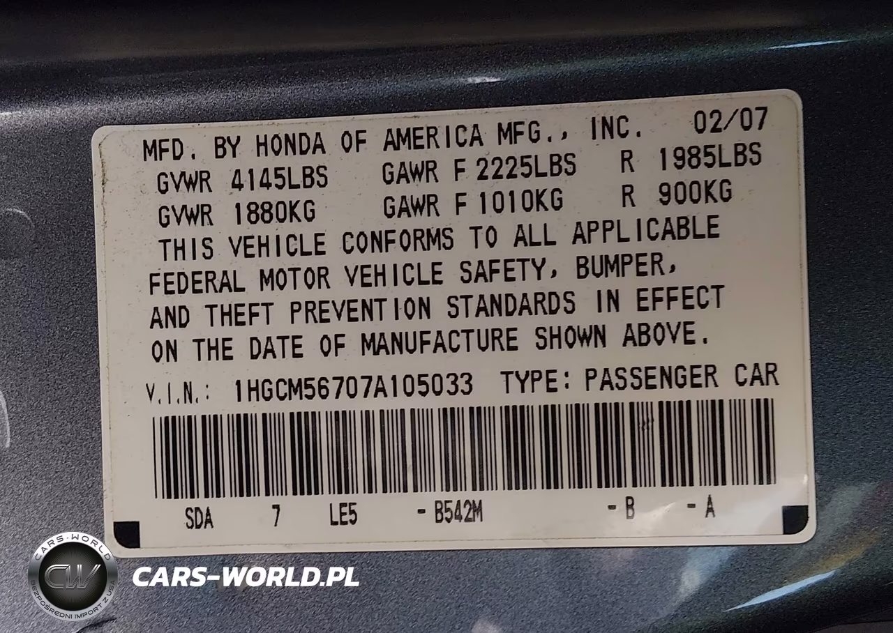 2007 Honda Accord 2.4 Ex VIN:1HGCM56707A105033 - 9