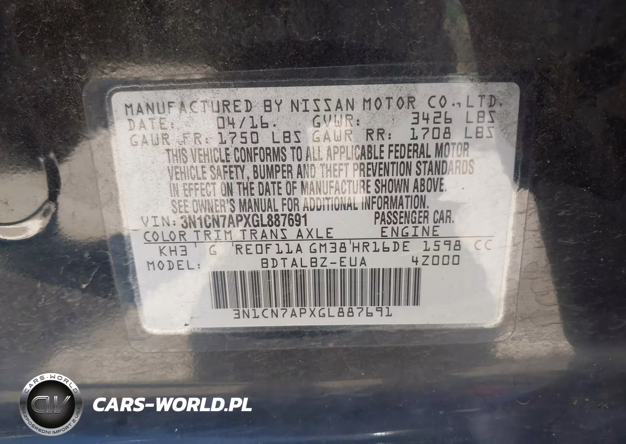 2016 Nissan Versa 1.6 S-1.6 S+-1.6 Sl-1.6 Sv VIN:3N1CN7APXGL887691 - 9