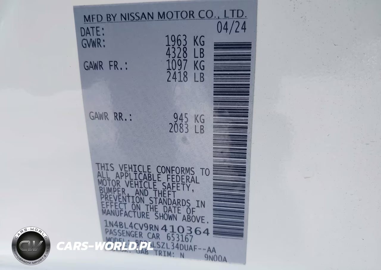 2024 Nissan Altima Sr Fwd VIN:1N4BL4CV9RN410364 - 9