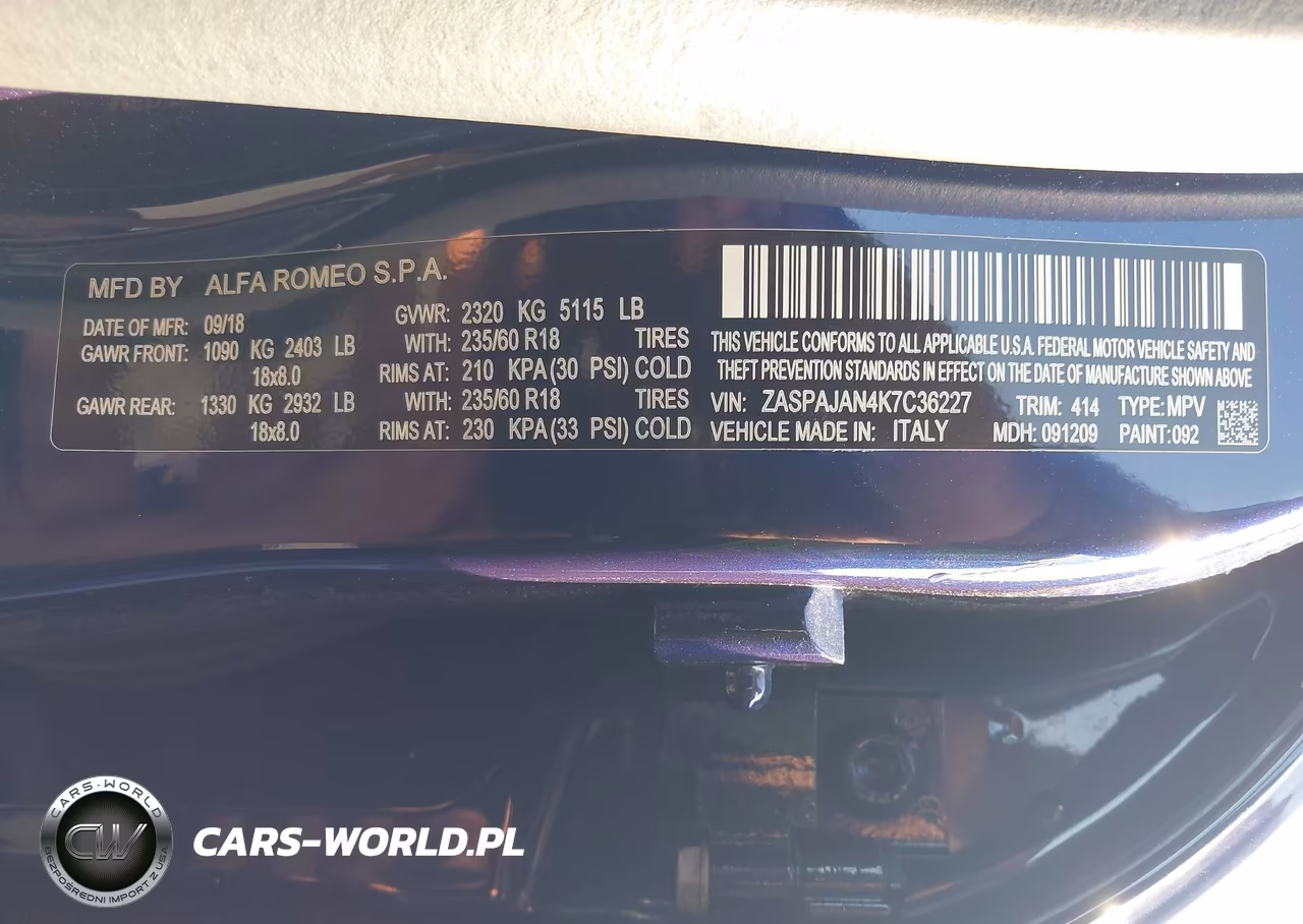 2019 Alfa Romeo Stelvio Rwd VIN:ZASPAJAN4K7C36227 - 9