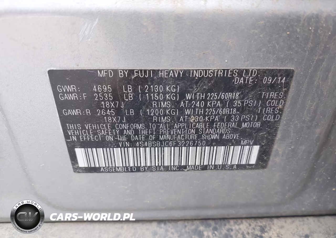 2015 Subaru Outback 2.5I Limited VIN:4S4BSBJC6F3226750 - 9