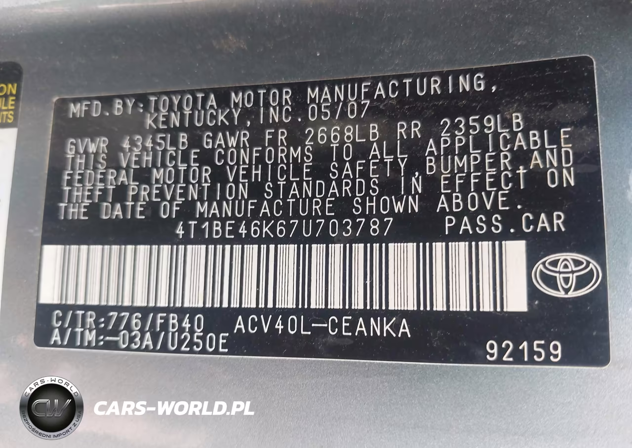 2007 Toyota Camry Le VIN:4T1BE46K67U703787 - 9