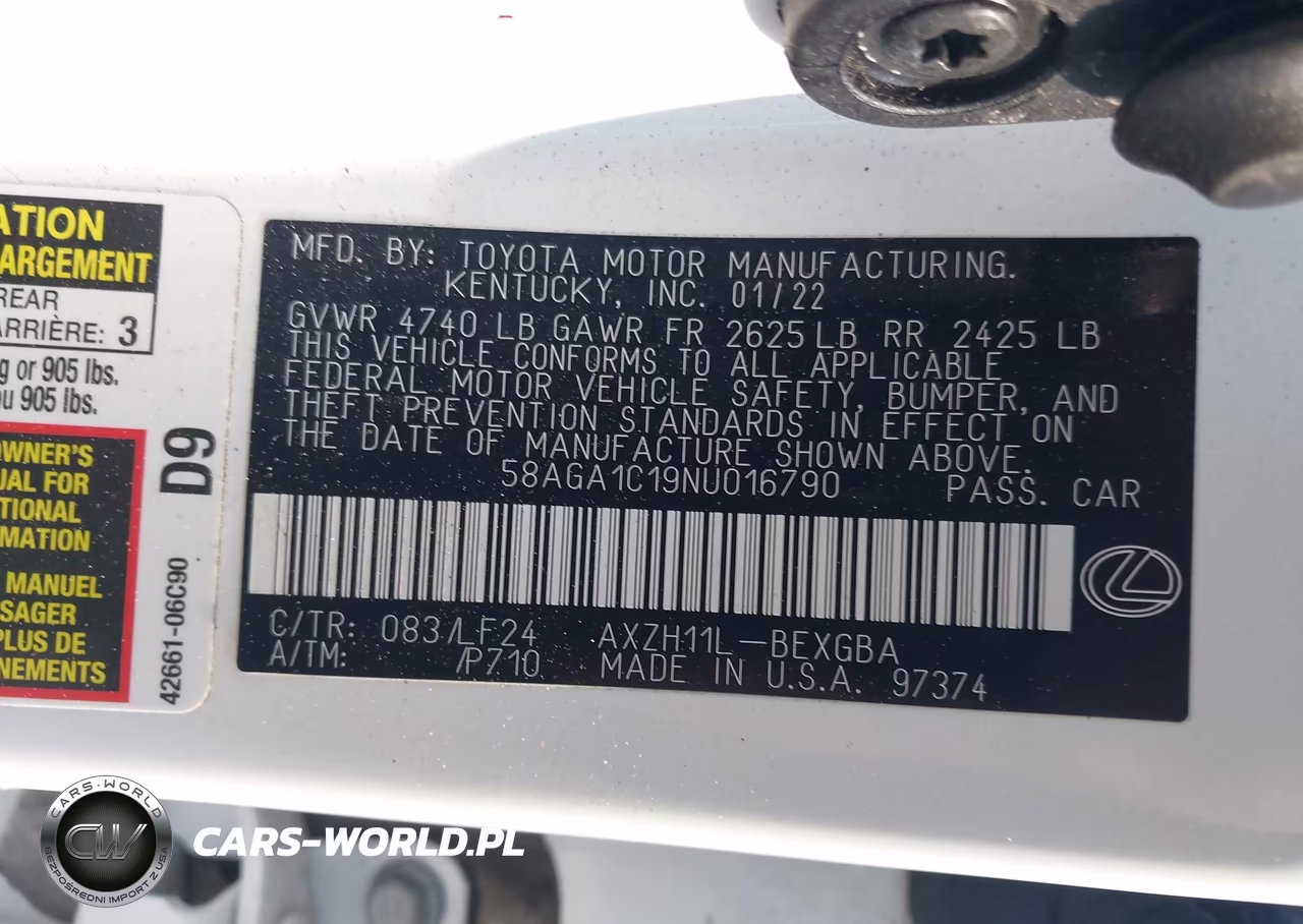 2022 Lexus Es 300H F Sport VIN:58AGA1C19NU016790 - 9