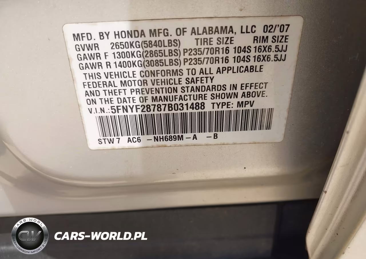 2007 Honda Pilot Ex-L VIN:5FNYF28787B031488 - 9