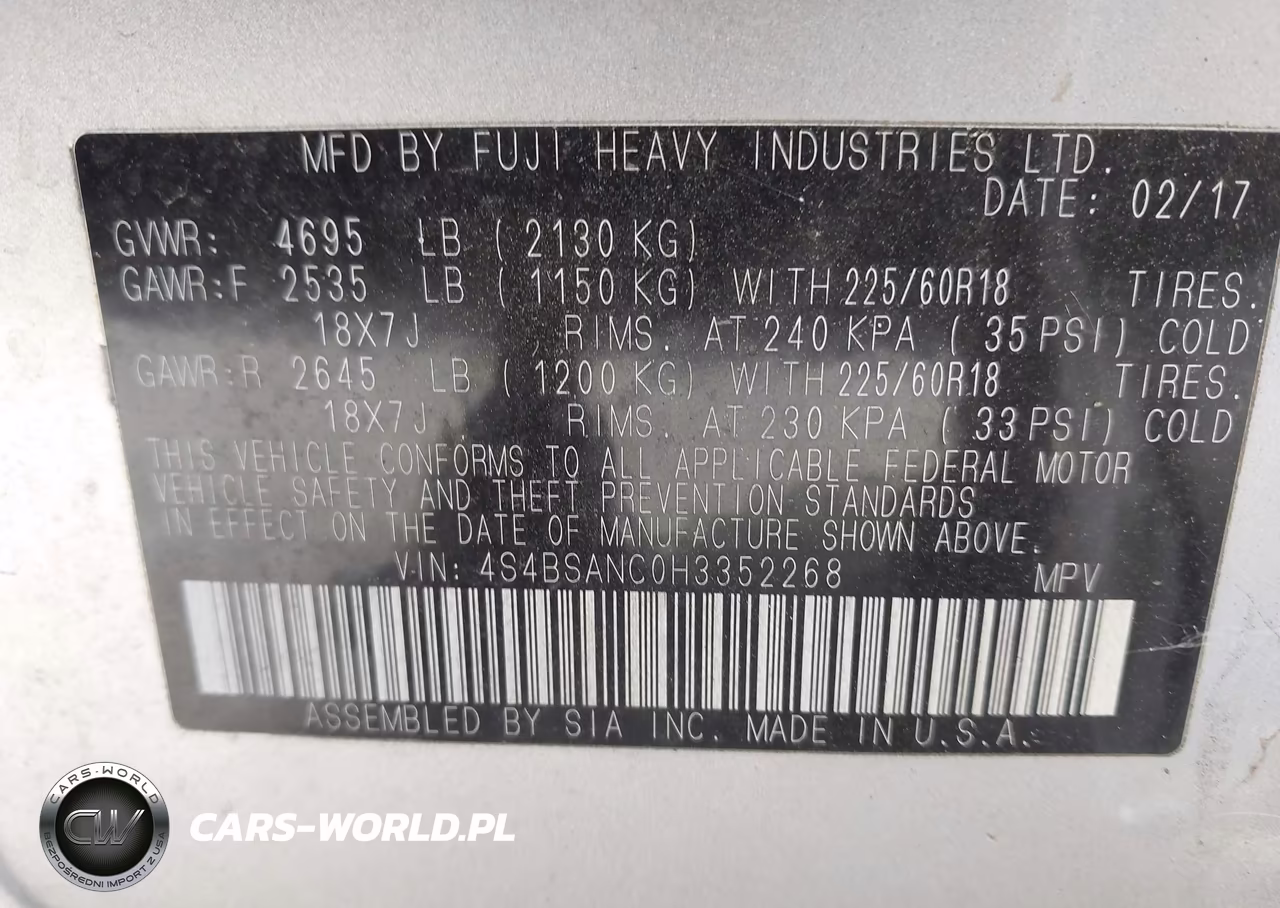 2017 Subaru Outback 2.5I Limited VIN:4S4BSANC0H3352268 - 9