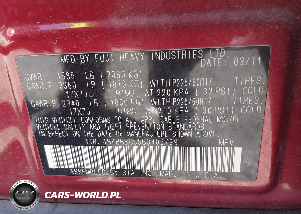 2011 Subaru Outback 2.5I Premium VIN:4S4BRBGC5B3403799 - 9