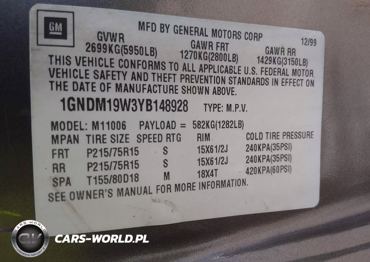 2000 Chevrolet Astro VIN:1GNDM19W3YB148928 - 9