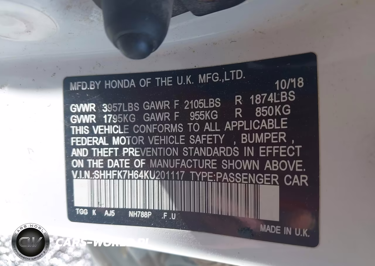 HONDA CIVIC VIN:SHHFK7H64KU201117 - 9