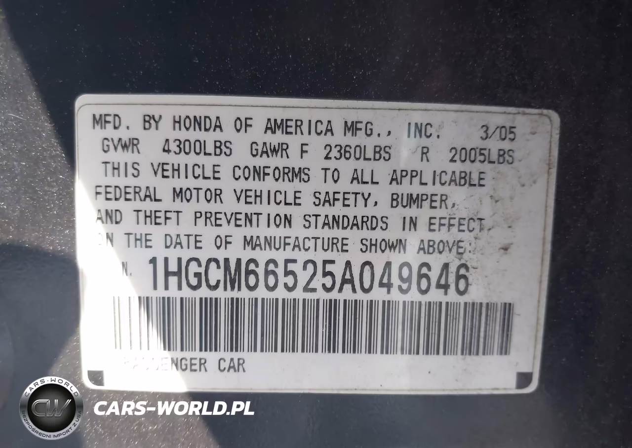 2005 Honda Accord 3.0 Ex VIN:1HGCM66525A049646 - 9