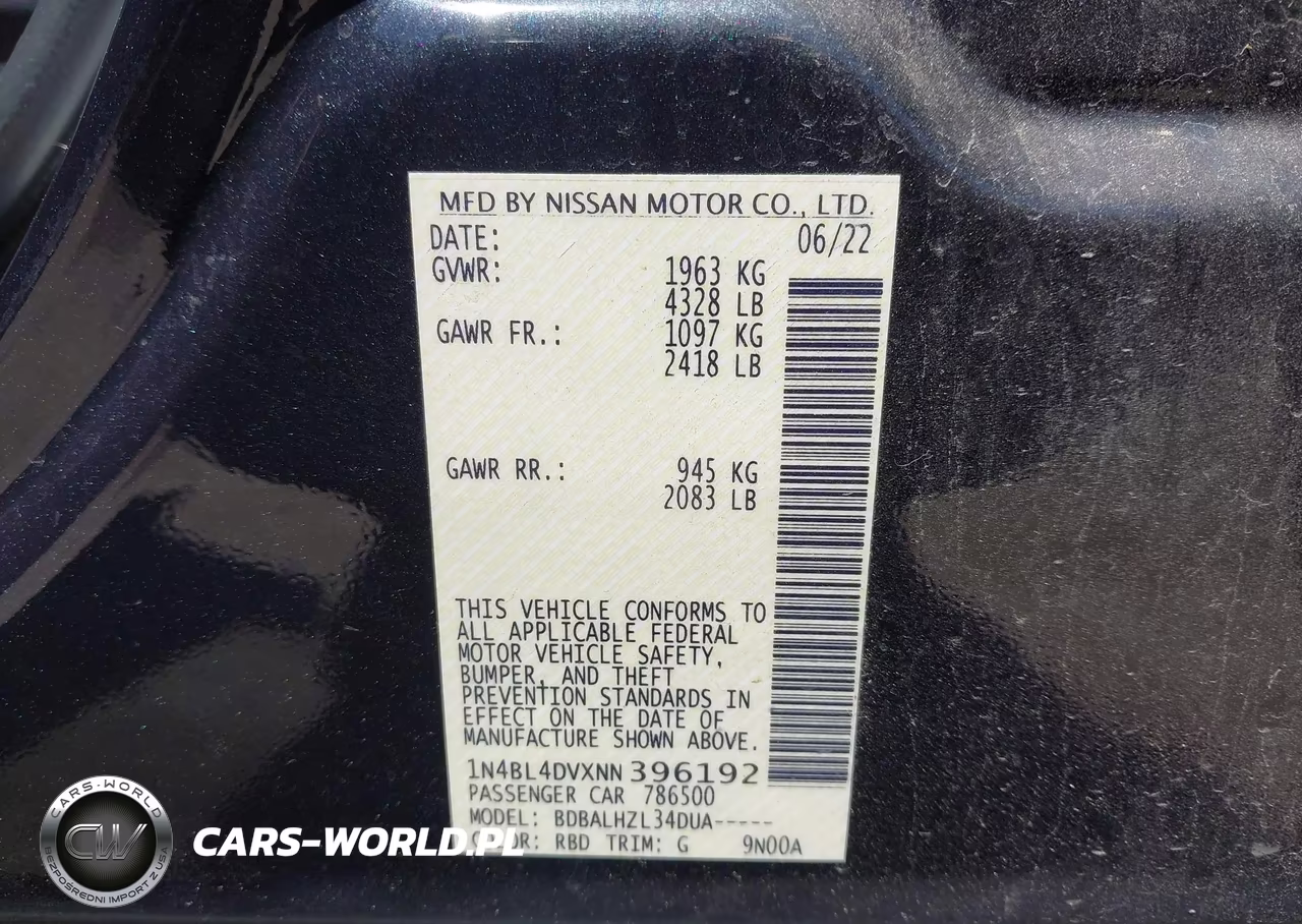 2022 Nissan Altima Sv Fwd VIN:1N4BL4DVXNN396192 - 9