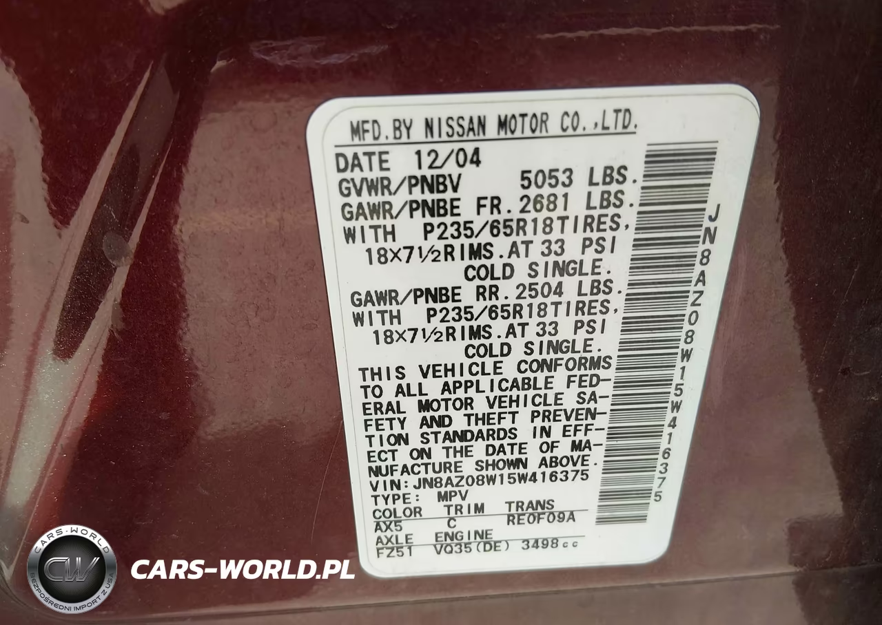 2005 Nissan Murano Se VIN:JN8AZ08W15W416375 - 9