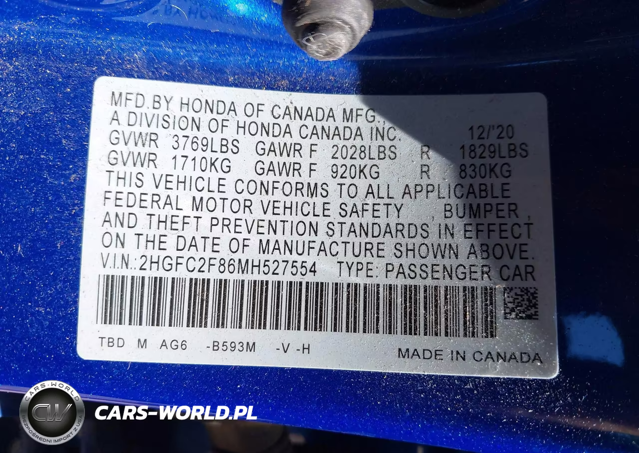 2021 Honda Civic Sport VIN:2HGFC2F86MH527554 - 9