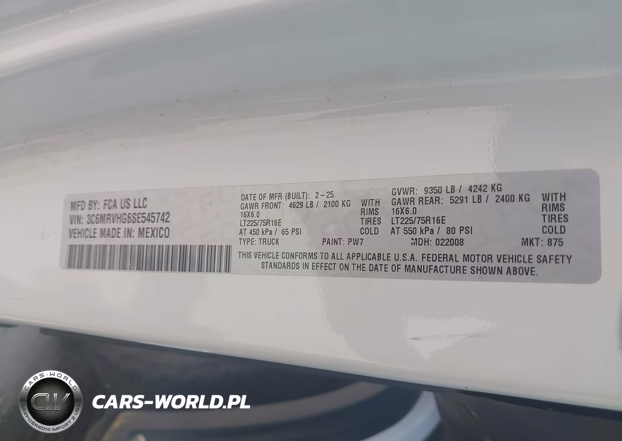 2025 Ram Promaster 3500 Tradesman High Roof 159 Wb W-Pass Seat VIN:3C6MRVHG6SE545742 - 9