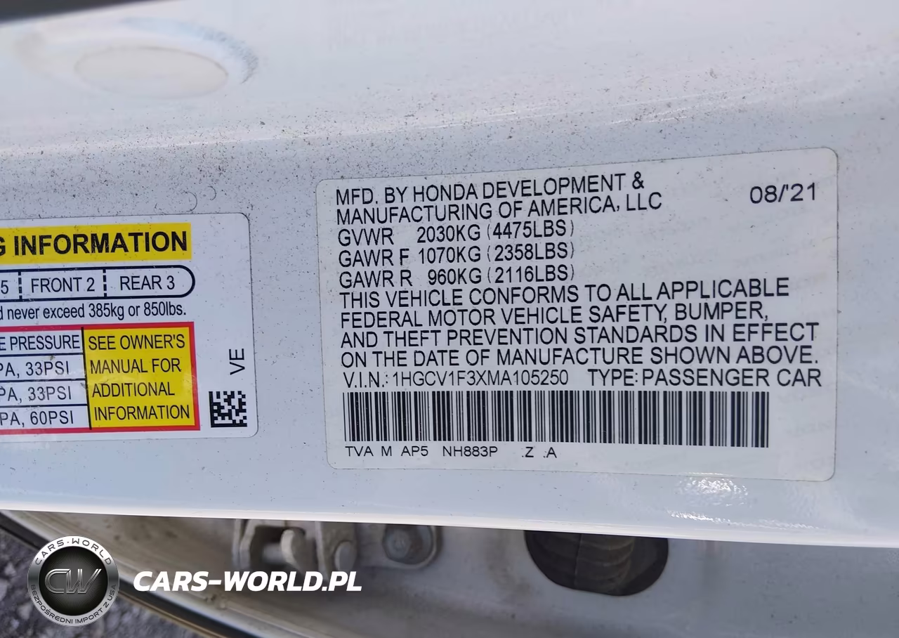 2021 Honda Accord Sport VIN:1HGCV1F3XMA105250 - 9