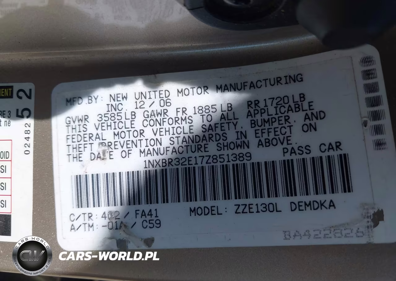 2007 Toyota Corolla Ce VIN:1NXBR32E17Z851389 - 9