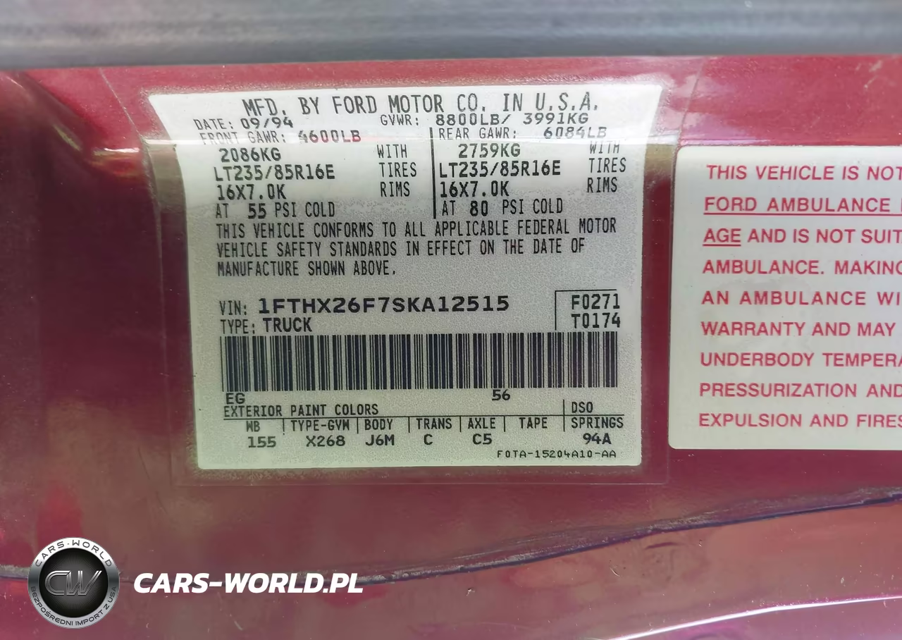 1995 Ford F250 VIN:1FTHX26F7SKA12515 - 9