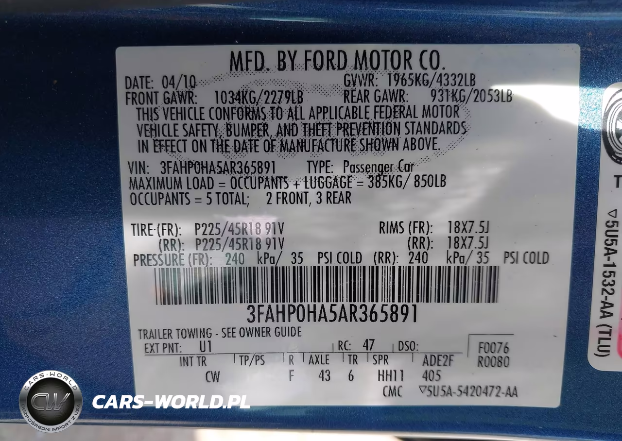 2010 Ford Fusion Se VIN:3FAHP0HA5AR365891 - 9