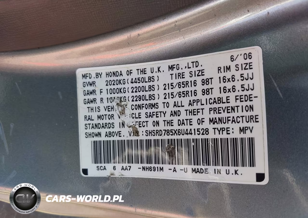 2006 Honda Cr-V Lx VIN:SHSRD785X6U441528 - 9