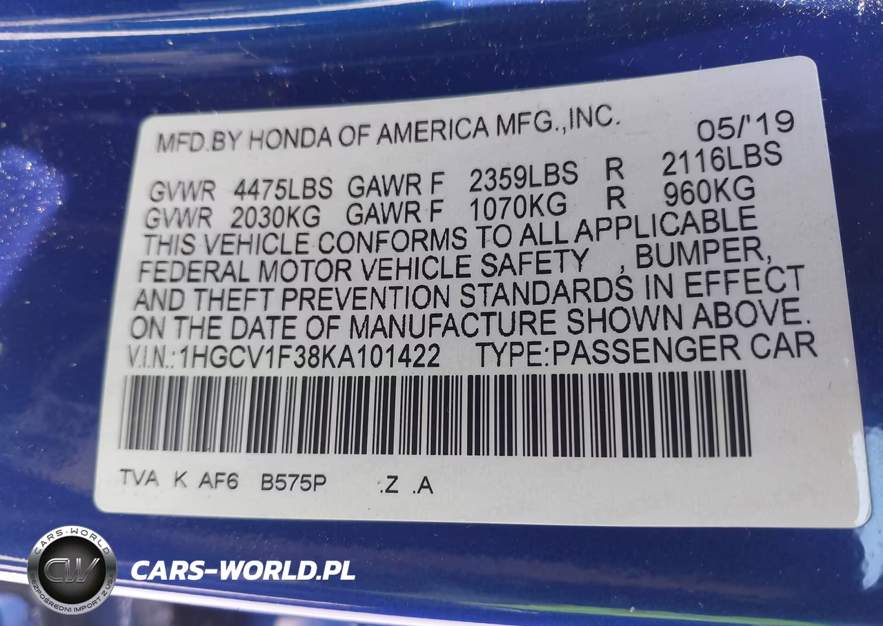2019 Honda Accord Sport VIN:1HGCV1F38KA101422 - 9