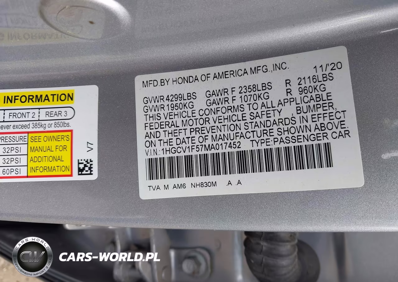 2021 Honda Accord Ex-L VIN:1HGCV1F57MA017452 - 9