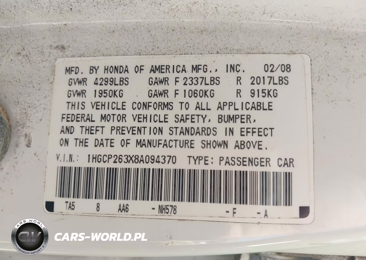 2008 Honda Accord 2.4 Lx VIN:1HGCP263X8A094370 - 9