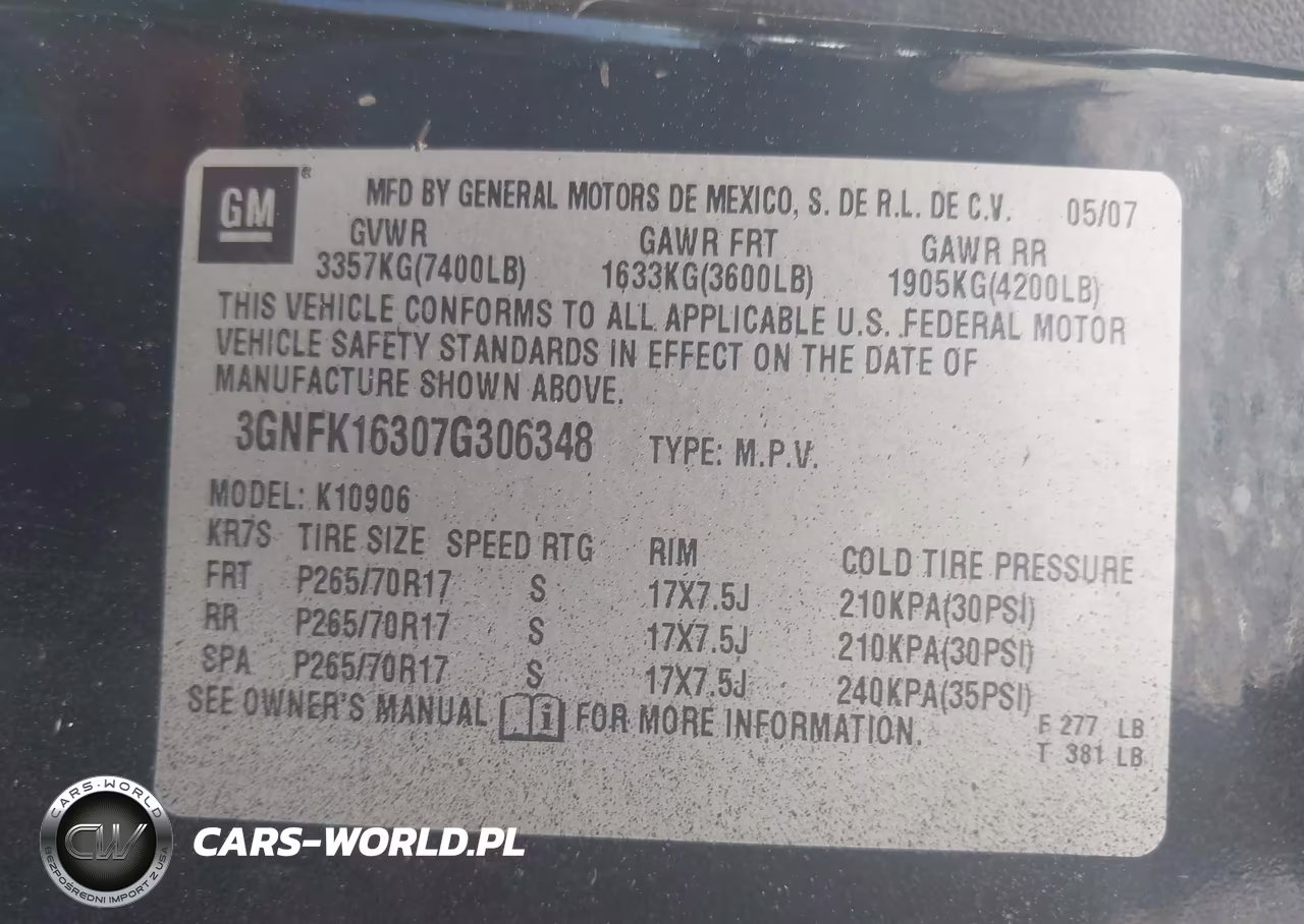 2007 Chevrolet Suburban 1500 Commercial Fleet VIN:3GNFK16307G306348 - 9
