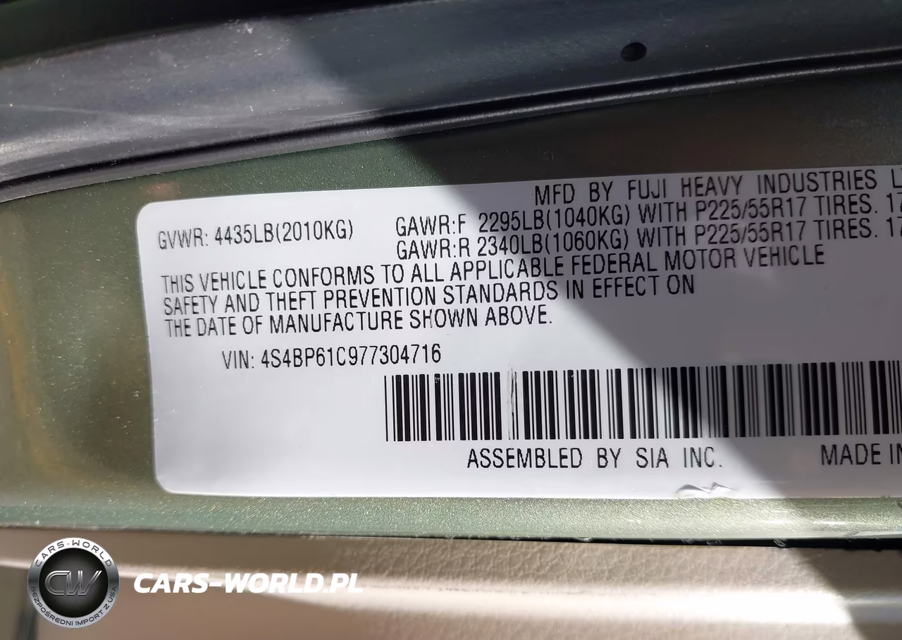 2007 Subaru Outback 2.5I VIN:4S4BP61C977304716 - 9