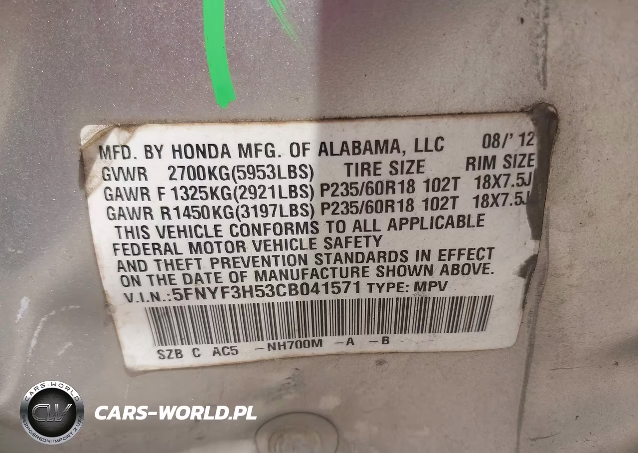 2012 Honda Pilot Ex-L VIN:5FNYF3H53CB041571 - 9