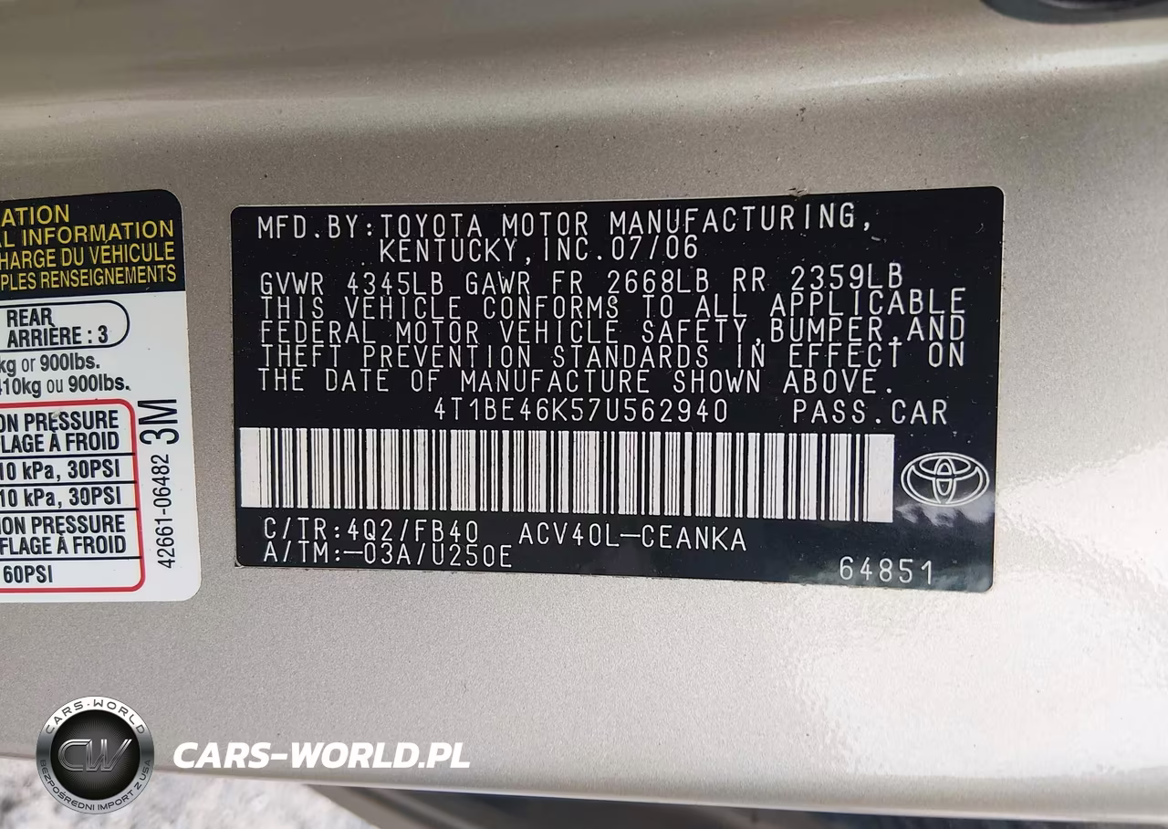 2007 Toyota Camry Le VIN:4T1BE46K57U562940 - 9