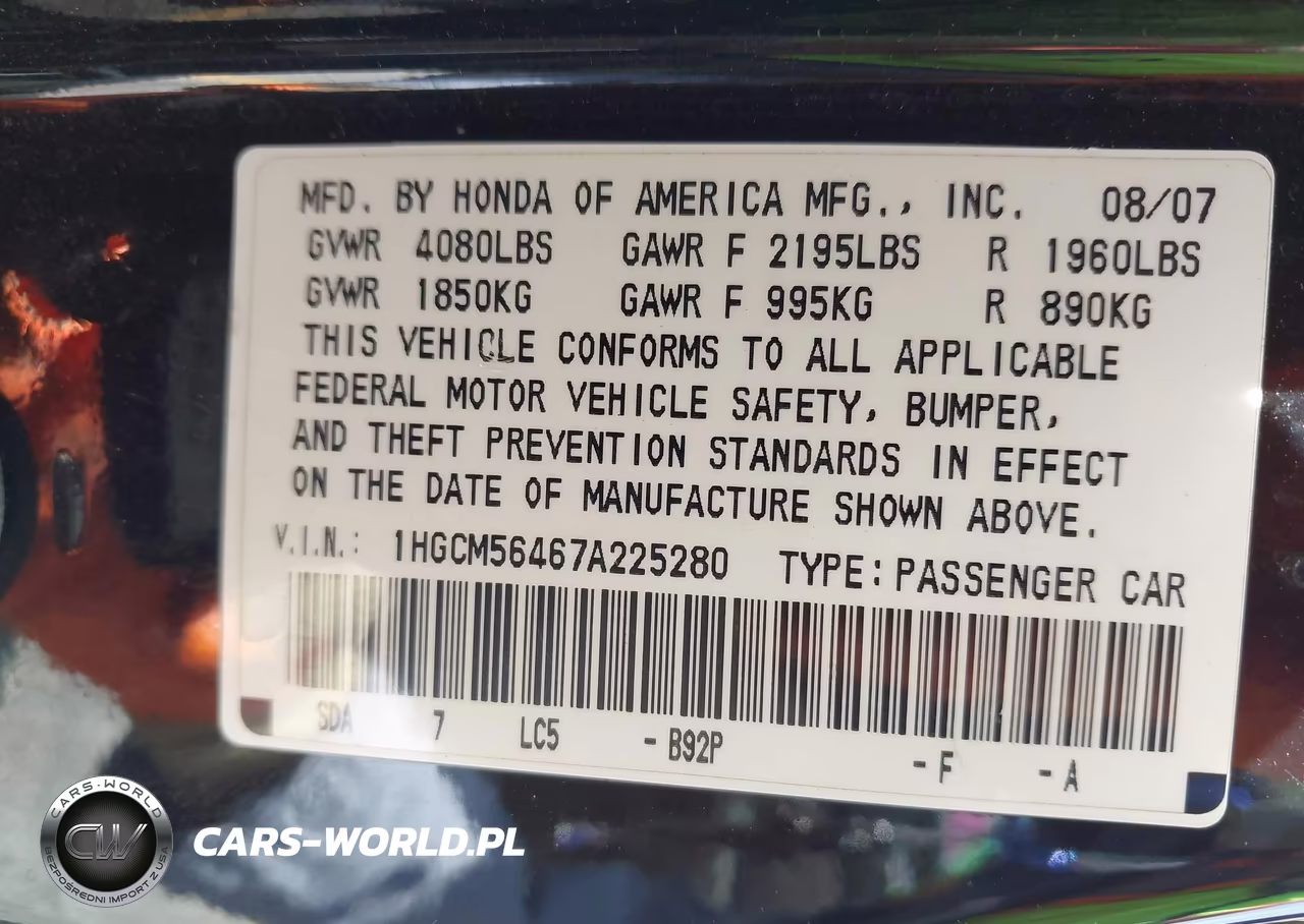 2007 Honda Accord 2.4 Lx VIN:1HGCM56467A225280 - 9