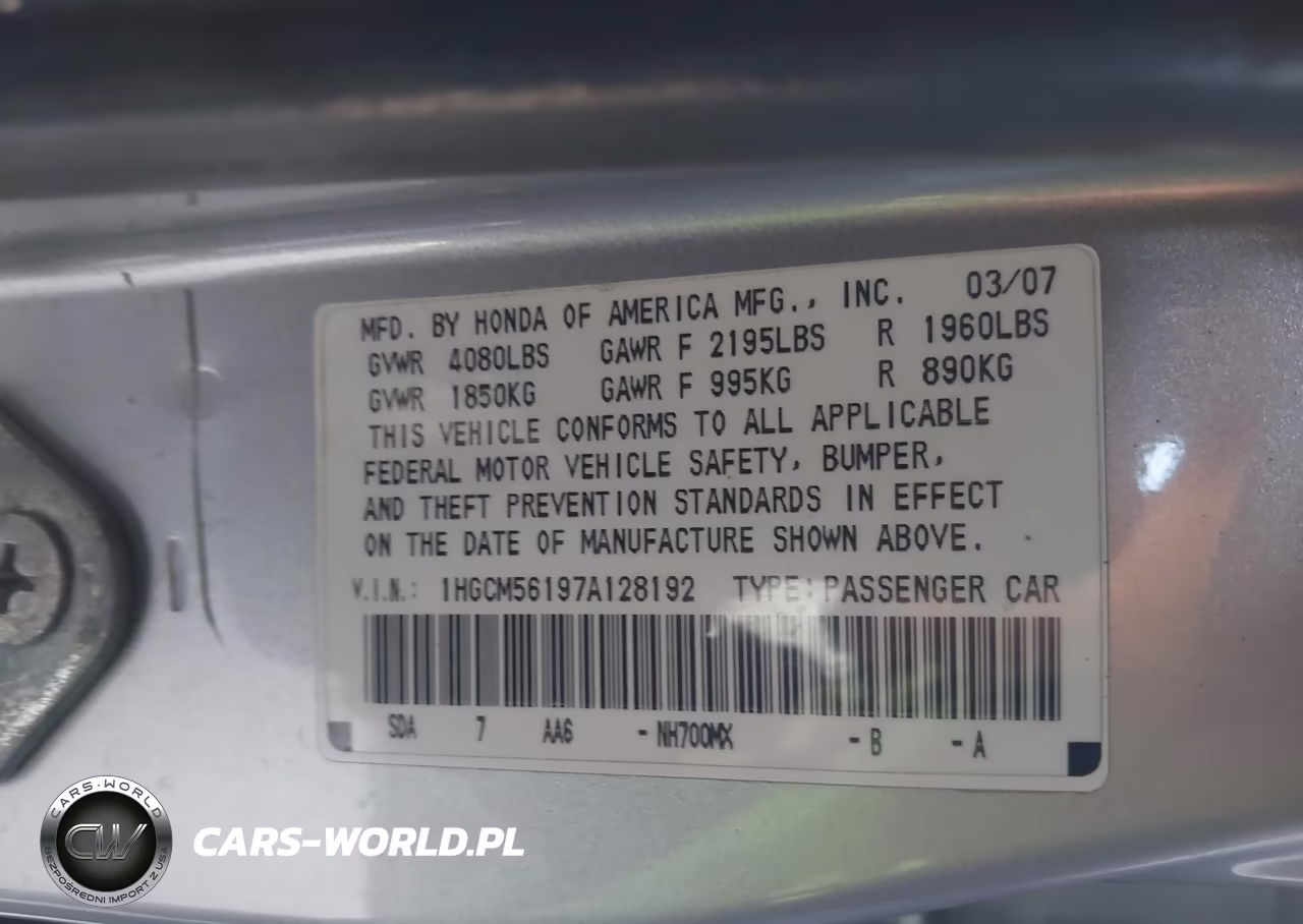 2007 Honda Accord 2.4 Vp VIN:1HGCM56197A128192 - 9