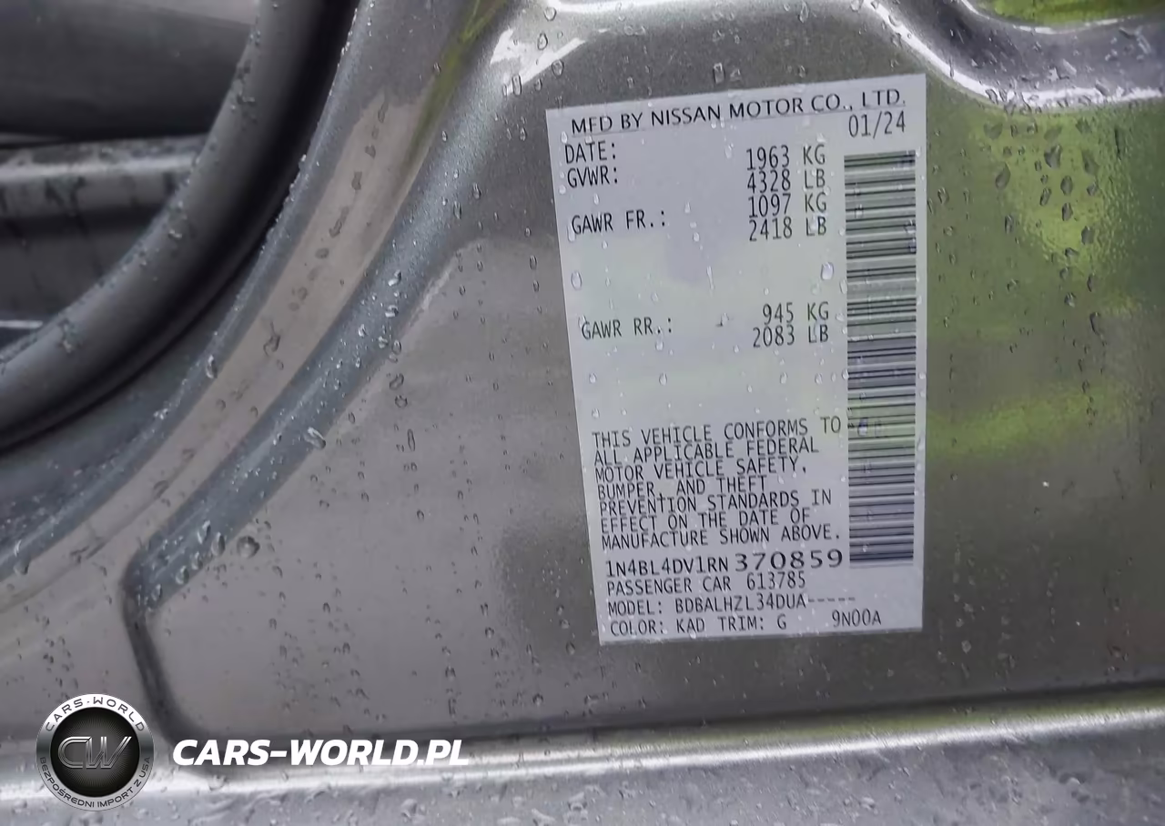 2024 Nissan Altima Sv Fwd VIN:1N4BL4DV1RN370859 - 9