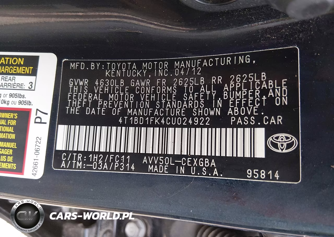 2012 Toyota Camry Hybrid Xle VIN:4T1BD1FK4CU024922 - 9