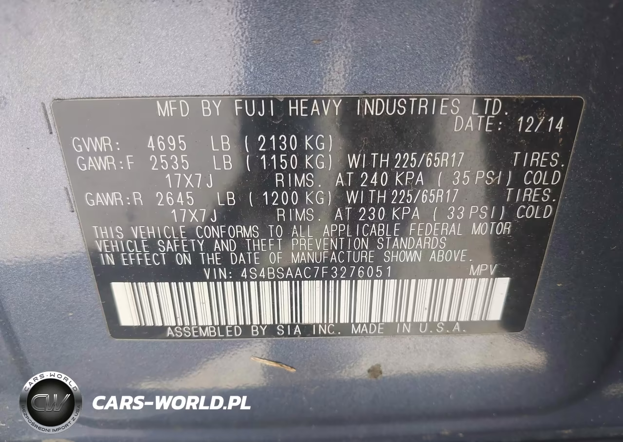 2015 Subaru Outback 2.5I VIN:4S4BSAAC7F3276051 - 9