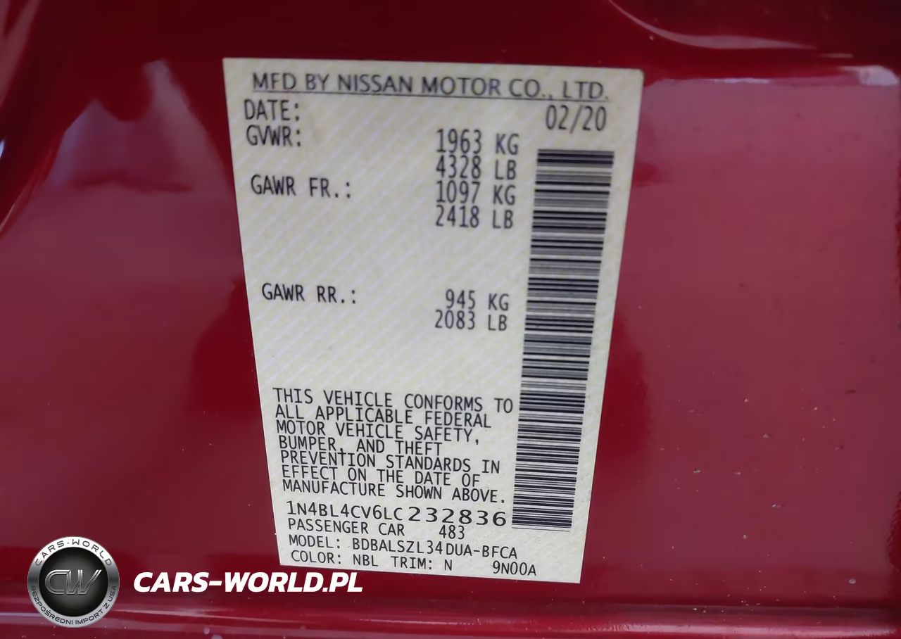 2020 Nissan Altima Sr Fwd VIN:1N4BL4CV6LC232836 - 9